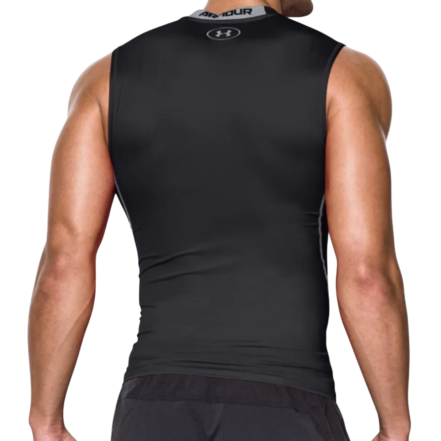 Canotta compression Under Armour nera per uomo, tessuto elasticizzato ad alta compressione per supporto muscolare e performance, posteriore