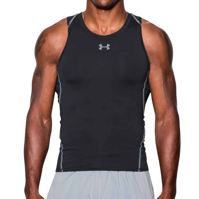 Canotta compressione Under Armour nera per uomo, tessuto elasticizzato aderente per supporto muscolare durante l'allenamento