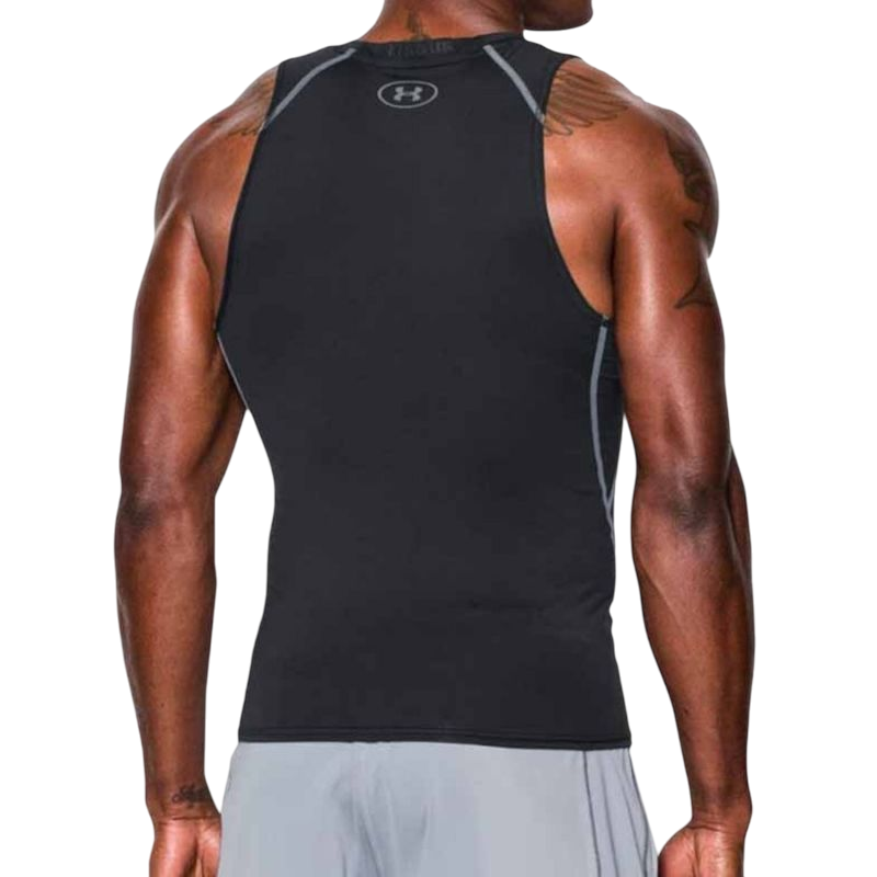 Canotta compressione Under Armour nera per uomo, tessuto elasticizzato aderente per supporto muscolare durante l'allenamento, posteriore