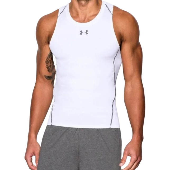 Canotta compressione Under Armour bianca per uomo, tessuto elasticizzato aderente per supporto muscolare durante l'allenamento, frontale