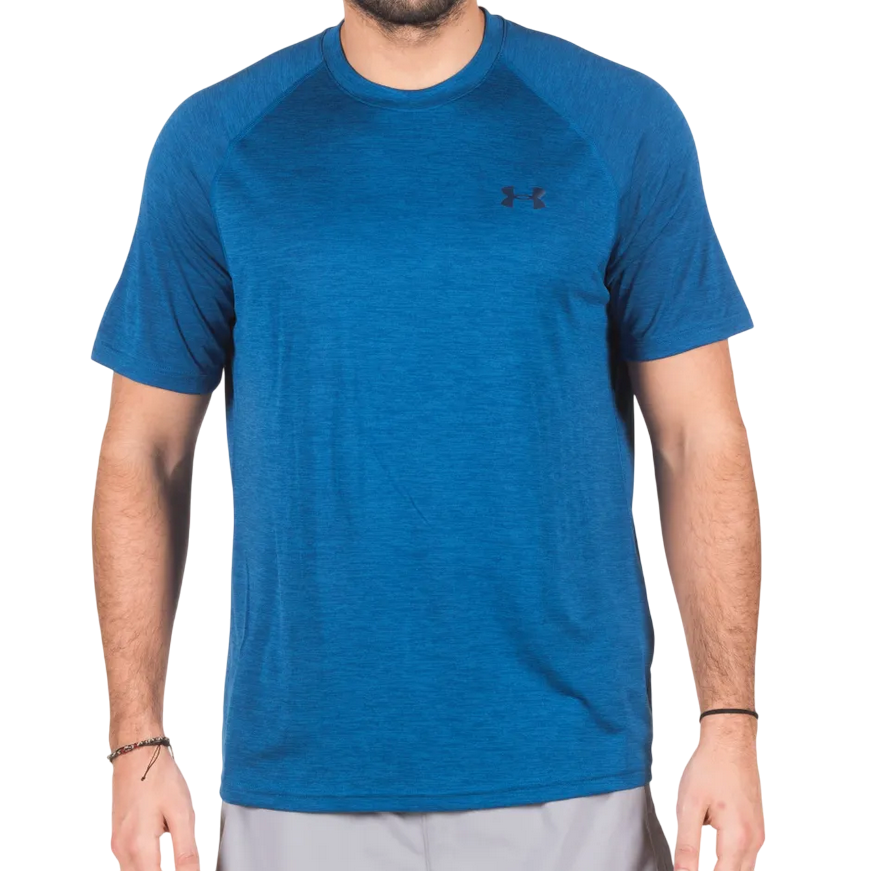 T-shirt tecnica Under Armour HeatGear blu per uomo, tessuto leggero anti-sudore, frontale