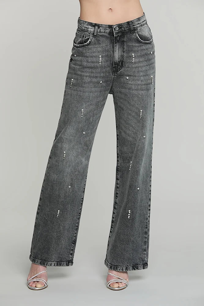 Relish Pantalone GISELLE_GREY  vita media 5 ts loose fit c/castoni + pietre + perle denim RDA2607016039 grigio