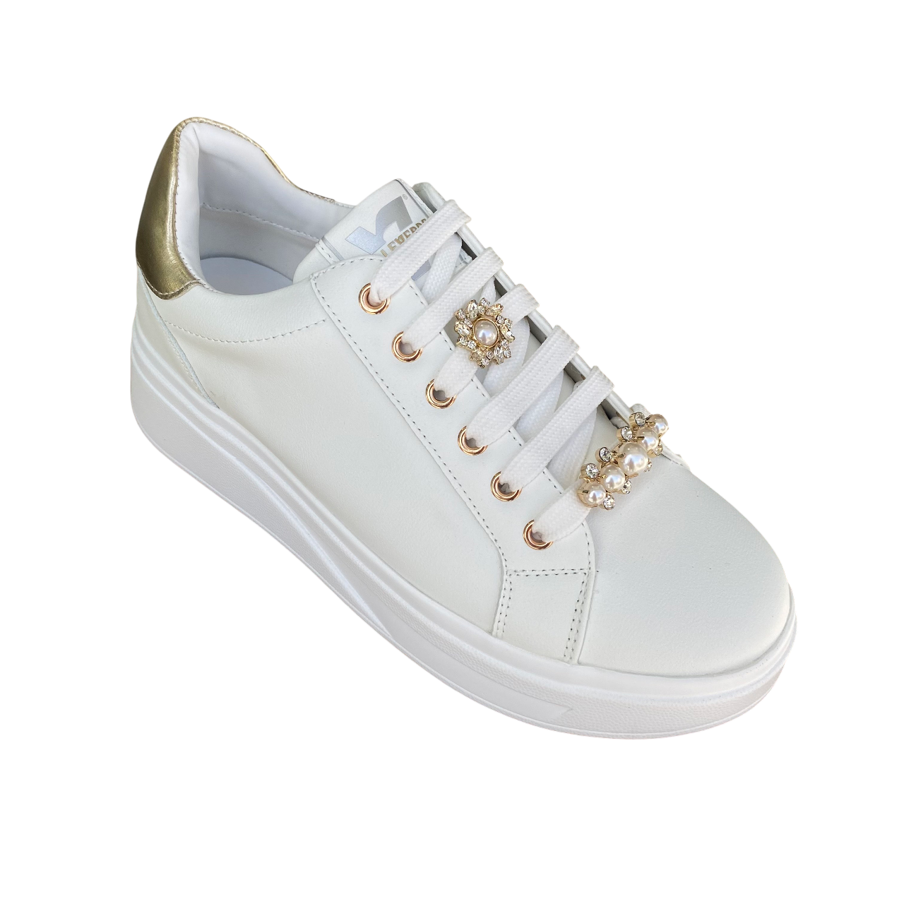 Valleverde scarpa sneakers da donna con applicazioni sui lacci 35103 bianco-oro