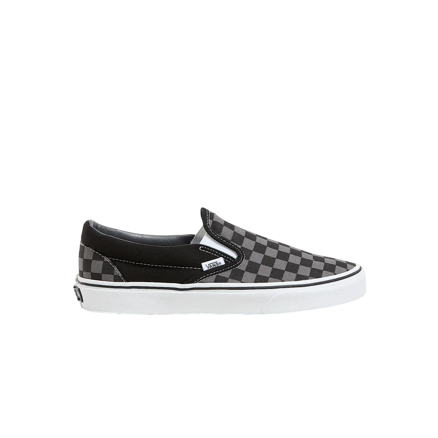 Sneakers Vans Classic Slip-On VN000EYEBPJ grigie a scacchi neri con pattern checkerboard iconic, vista laterale