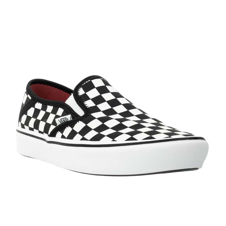 Dettaglio pattern checkerboard Vans Comfycush Slip-On VN0A3WME5GU1, motivo scacchi bianco-nero classico