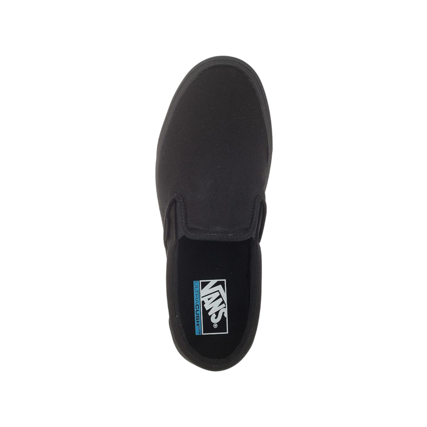 Dettaglio tomaia in tela nera Vans Slip On Lite VN0004PE186 con iconico side stripe