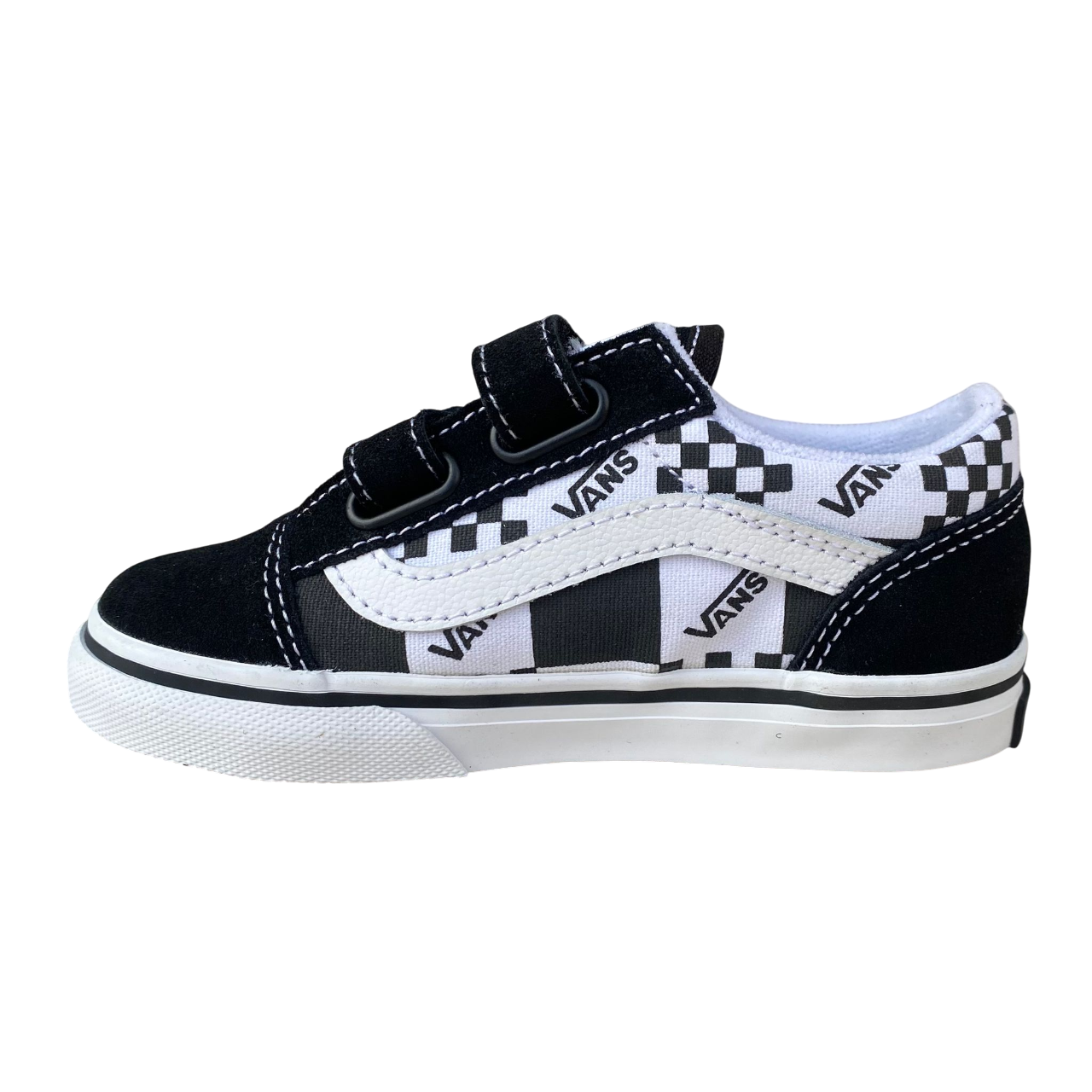 Vans scarpa sneakers da bambino con strappo Old Skool V VN0009RC6BT1 logo e quadratini nero-bianco