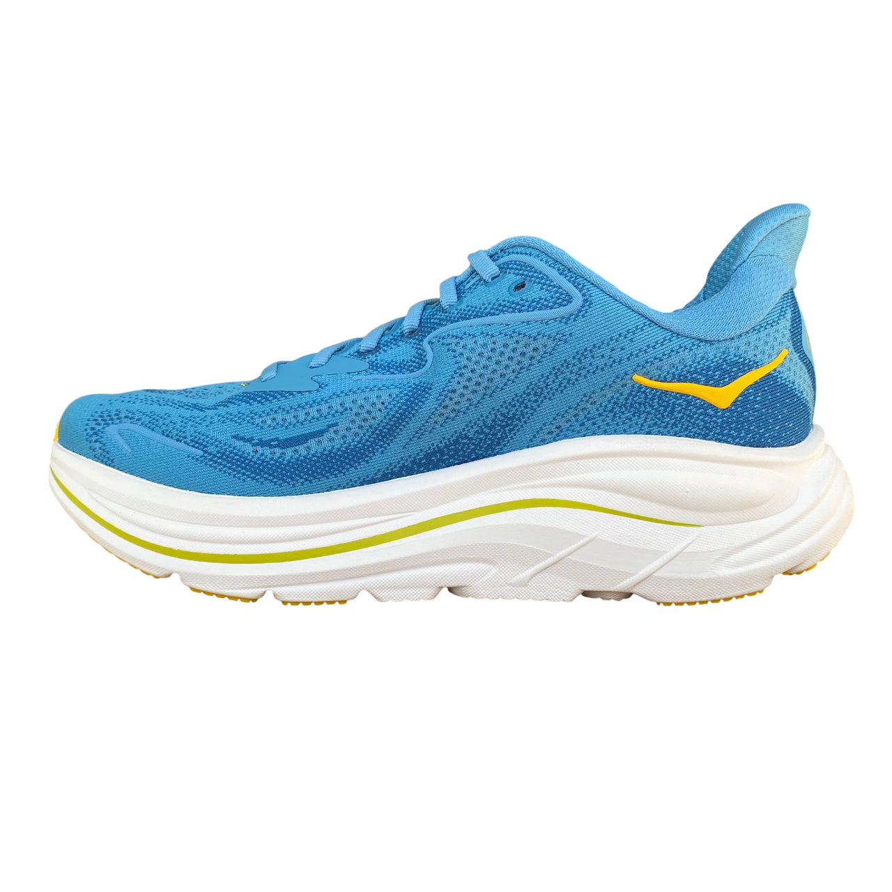 Vista laterale interna Hoka Clifton 10 azzurro con ammortizzazione ultraleggera e comfort superiore per running