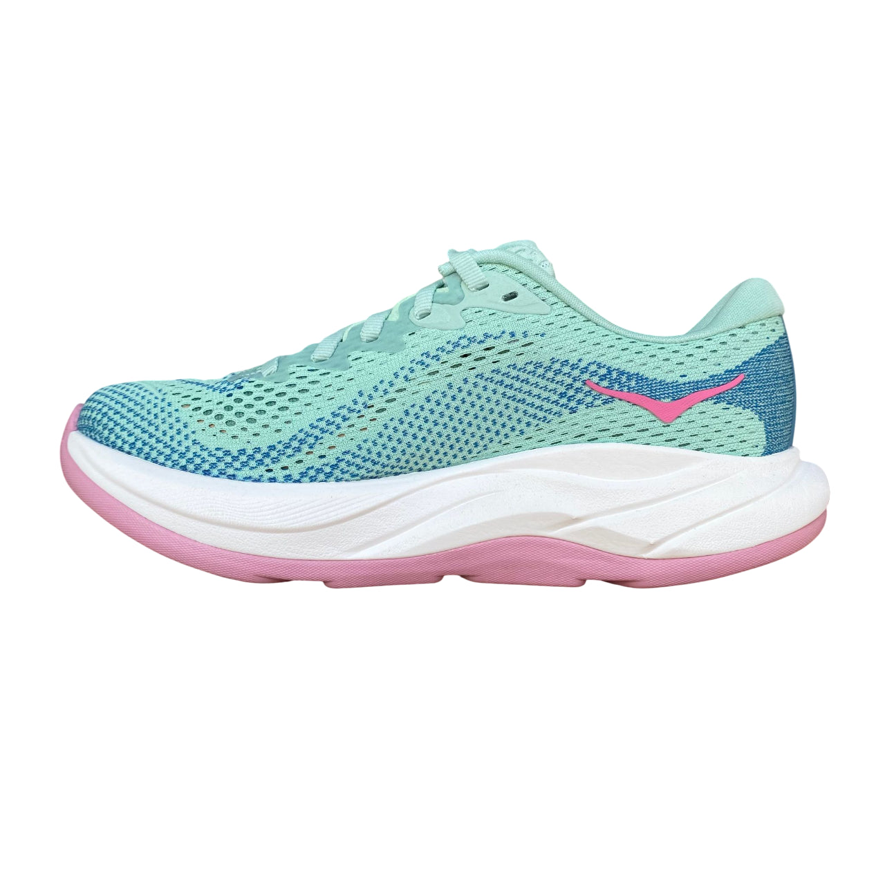 Vista laterale interna Hoka Rincon 4 giadeite-blu con ammortizzazione leggera e calzata avvolgente per running donna