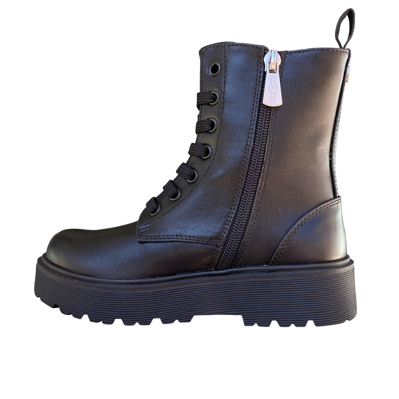 Vista laterale interna stivaletto Cult Junior T-380 3540 nero con lacci e cerniera per praticità ragazza