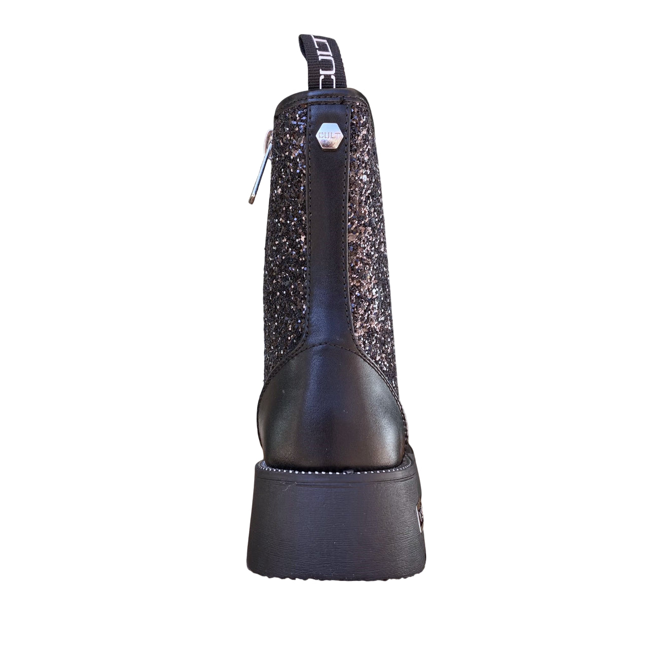 Vista posteriore tallone stivaletto Cult ragazza con supporto robusto e dettagli glitter glamour
