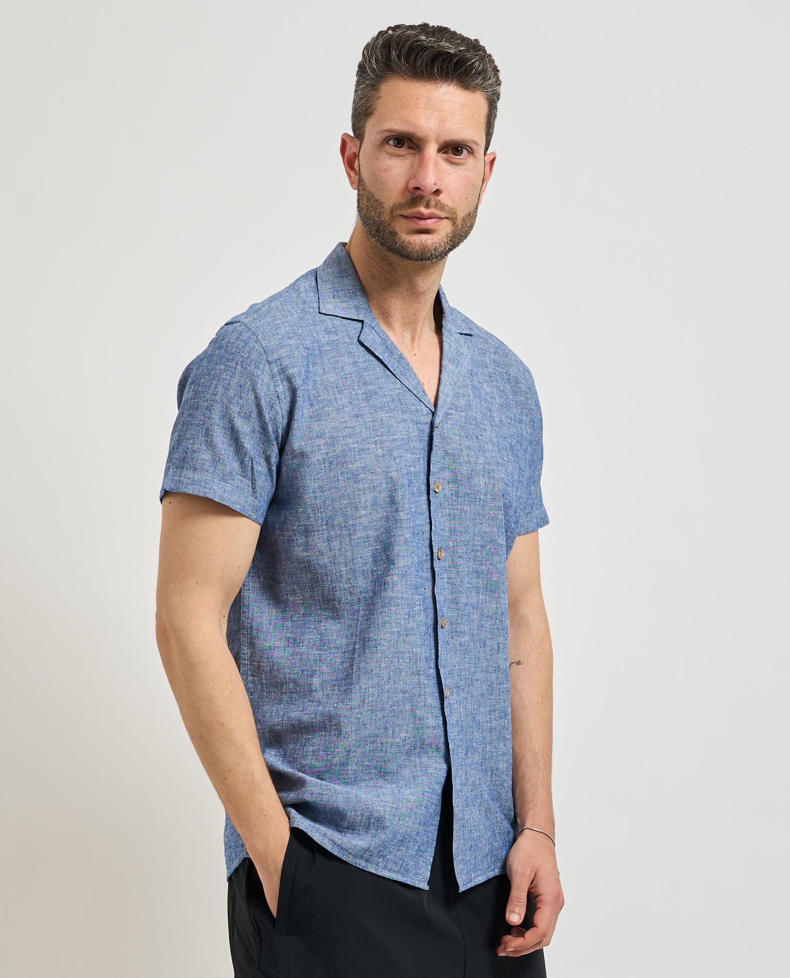 Yes Zee Camicia Bowling Uomo Manica Corta Misto Lino Blu - C715 UM00 0729