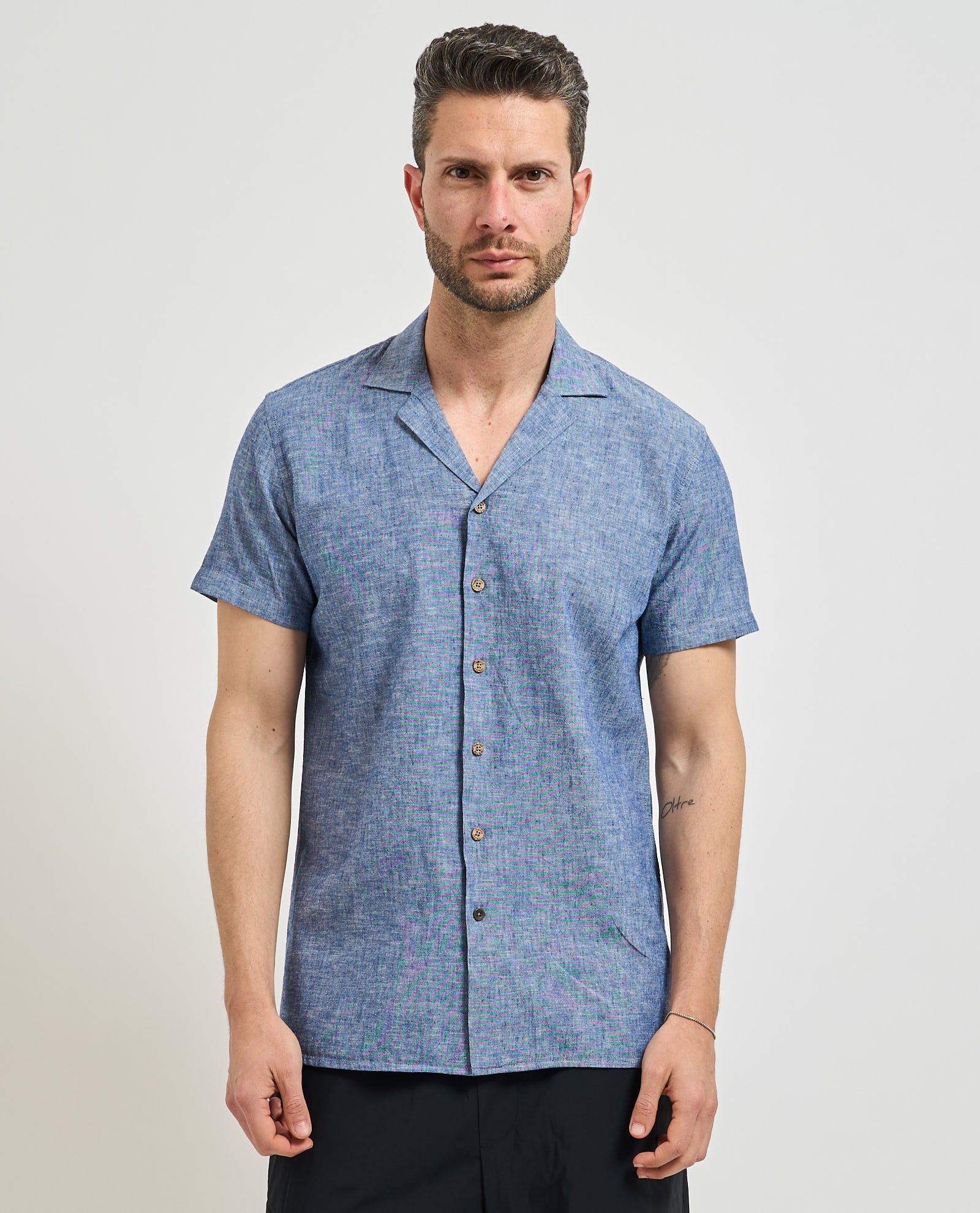 Yes Zee Camicia Bowling Uomo Manica Corta Misto Lino Blu - C715 UM00 0729