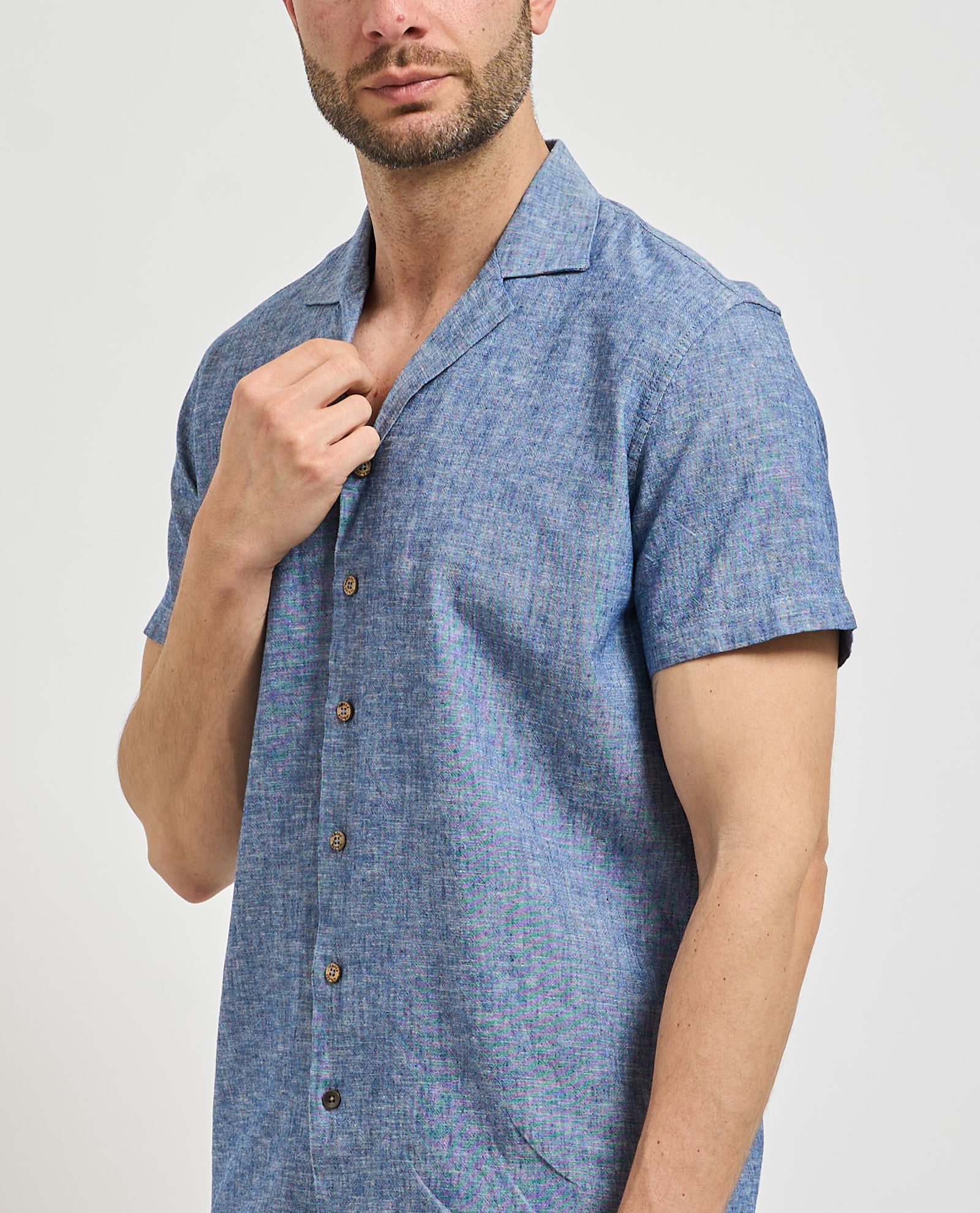 Yes Zee Camicia Bowling Uomo Manica Corta Misto Lino Blu - C715 UM00 0729