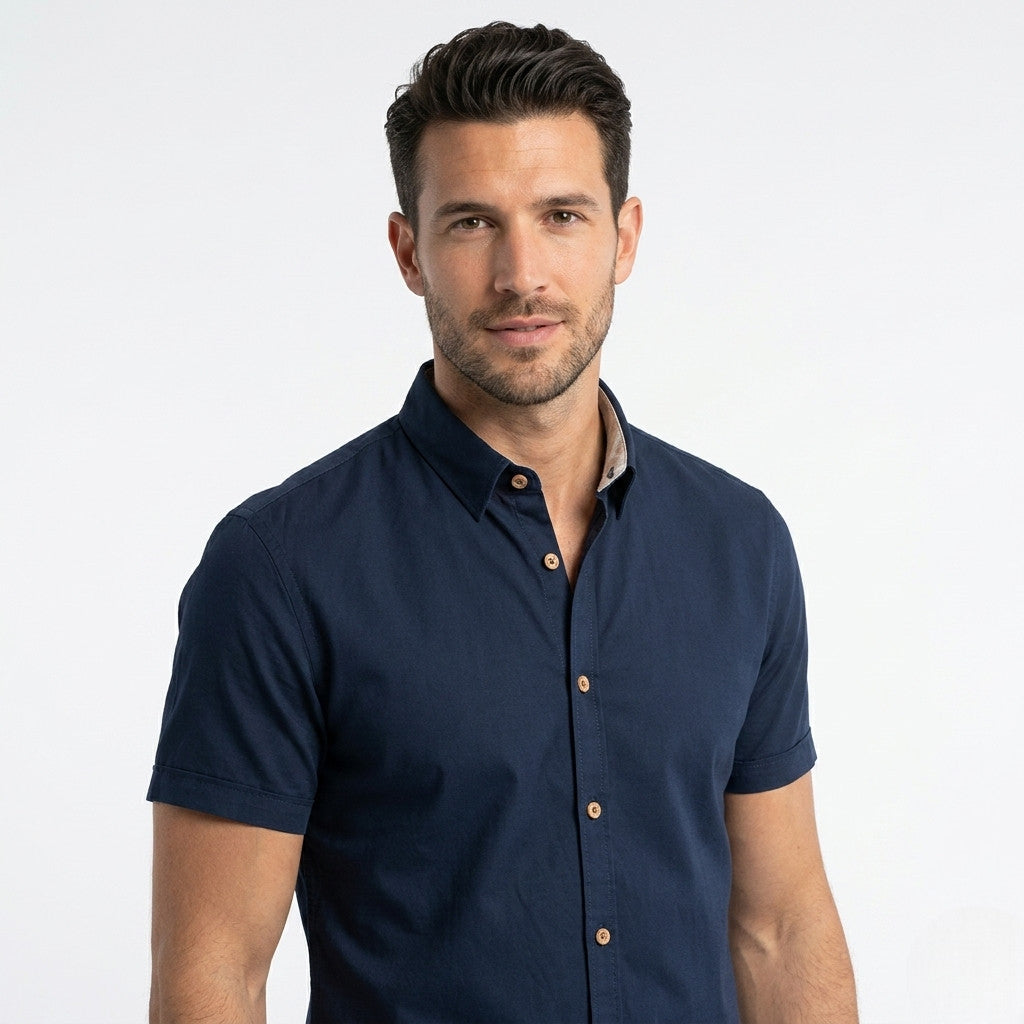 Yes Zee Camicia da uomo manica corta in misto lino 0721 C721 UL00 0710 blu