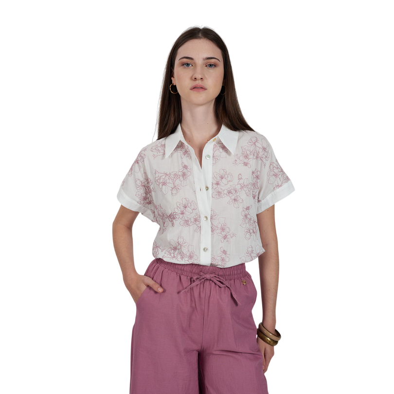 Yes Zee camicia manica corta da donna con ricamo floreale 1720 C206/EK00 2101 bianco-rosa