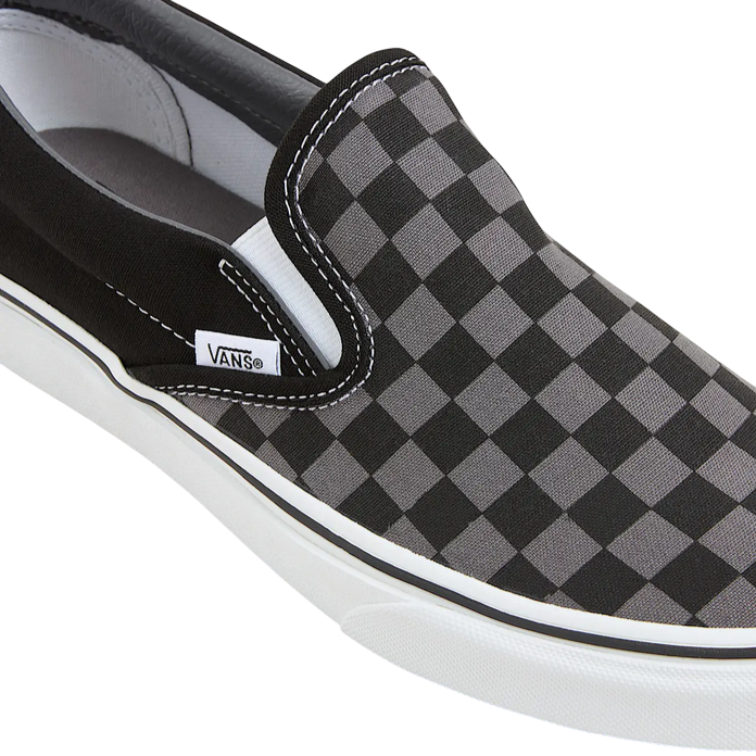 Dettaglio pattern checkerboard Vans Classic Slip-On VN000EYEBPJ, motivo scacchi grigio-nero classico