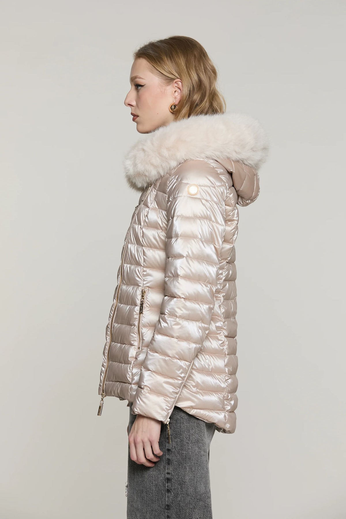 Relish Piumino PYLEM_A manica lunga con tasche più zip trasversale più cappuccio più bordo ecopelliccia staccabile RDA2605009027 silver peony
