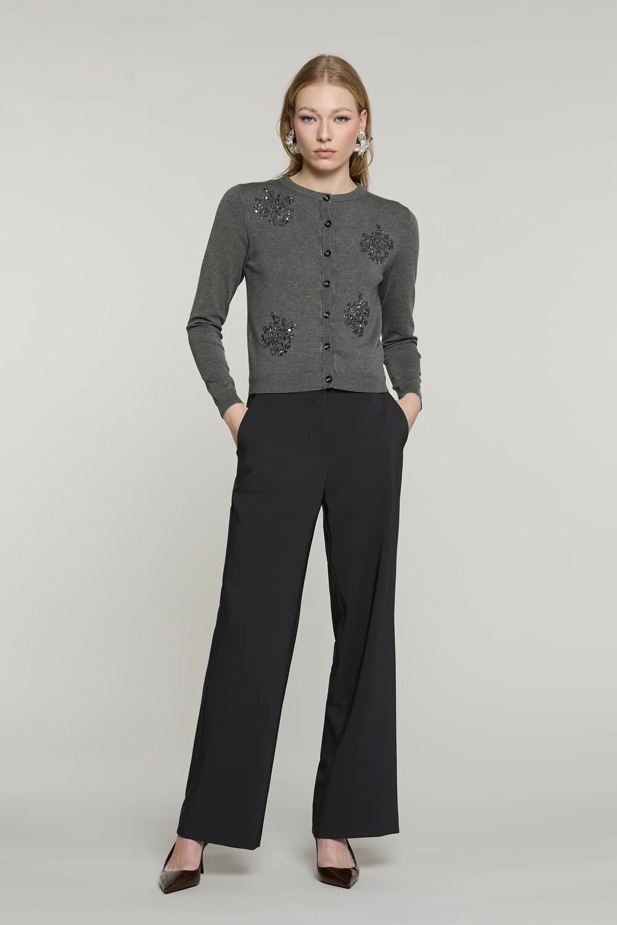 Relish Cardigan SILVANI manica lunga girocollo con ricamo paillettes più baguette RDA2602054045 grigio