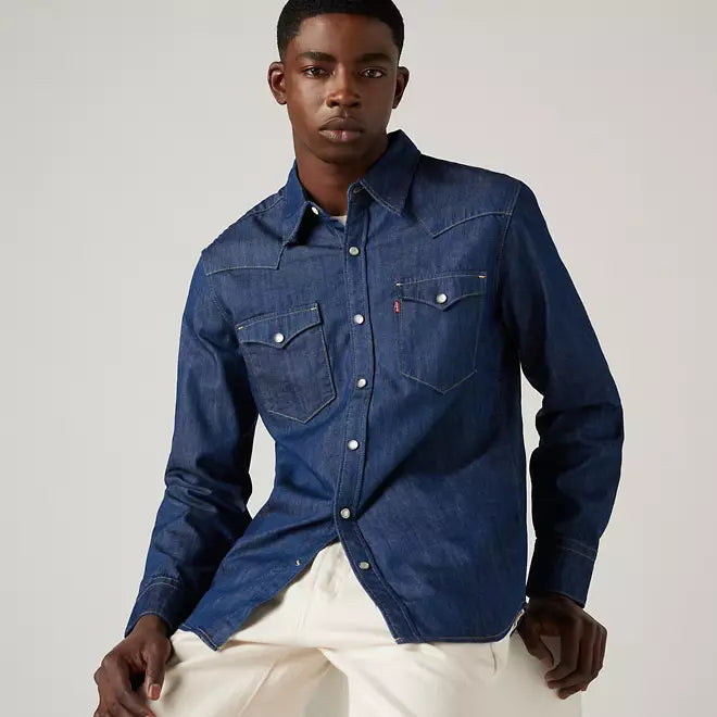 Levi's camicia da uomo in jeans Western Shirt Barstow dal taglio standard 857440000 blu scuro