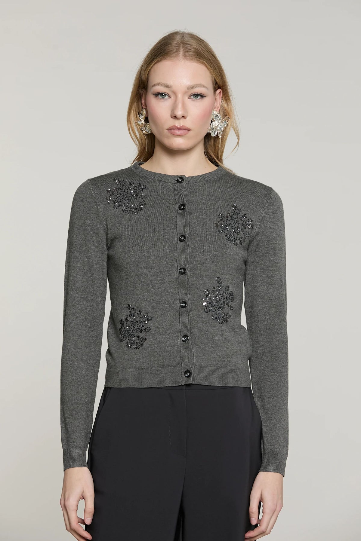 Relish Cardigan SILVANI manica lunga girocollo con ricamo paillettes più baguette RDA2602054045 grigio