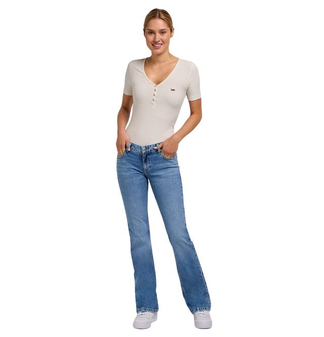 Pantalone jeans Lee Jessica a zampa da donna 112349550 in denim blu chiaro elasticizzato con vestibilità flare e dettagli autentici abbinato
