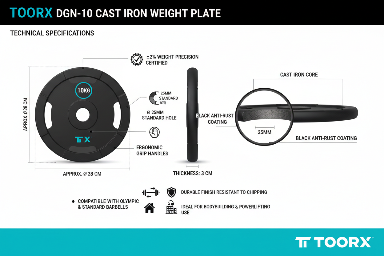Infografica tecnica Toorx DGN-10 disco ghisa 10kg nero: foro 25mm, ±2% precisione, grip ergonomico, anti-corrosione