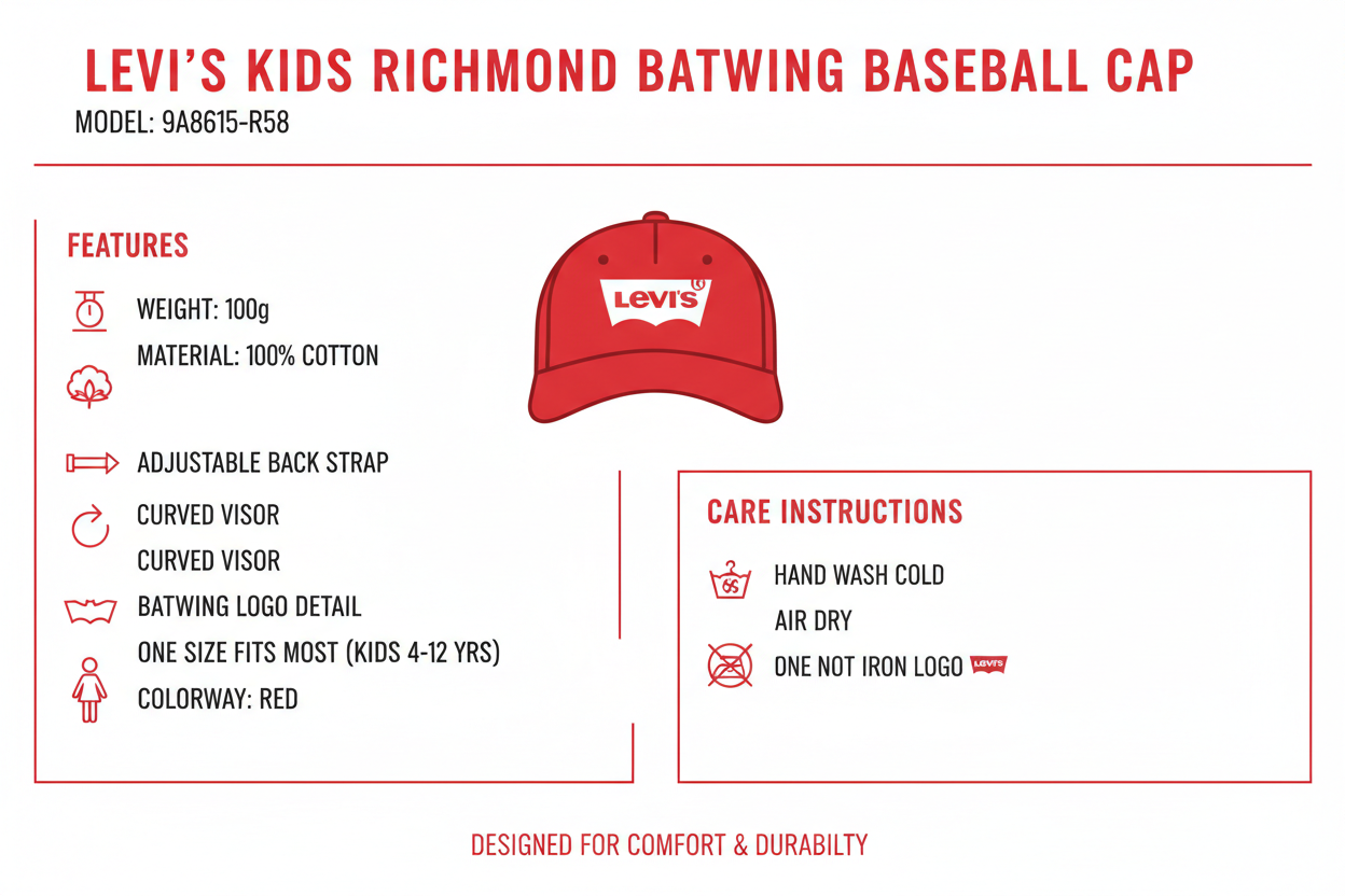 Infografica tecnica cappellino bambino Levi's Kids Richmond Batwing 9A8615-R58: cotone 100%, peso 100g, taglia unica regolabile 52-56cm età 4-12 anni, visiera curva, logo Batwing ricamato, istruzioni lavaggio a mano acqua fredda