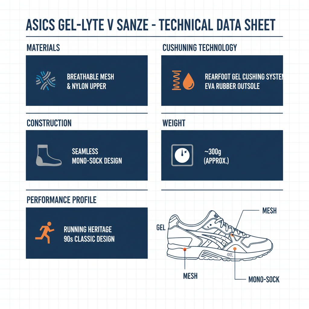 Infografica tecnica Asics Gel Lyte V Sanze: sistema Gel ammortizzazione tallone, tomaia nylon mesh traspirante, suola EVA, peso e design running heritage anni '90