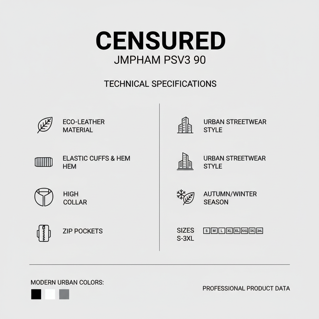 Infografica tecnica Censured Bomber JMPHAM PSV3 90: ecopelle, collo alto, polsini elastici, tasche zip, urban streetwear