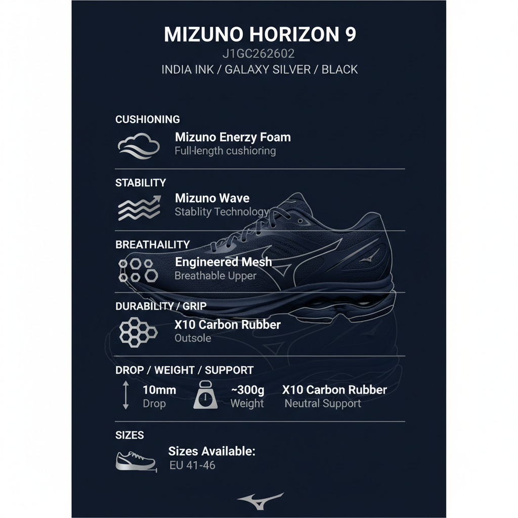 Infografica tecnica Mizuno Horizon 9 J1GC262602: caratteristiche ammortizzazione stabilità peso drop suola