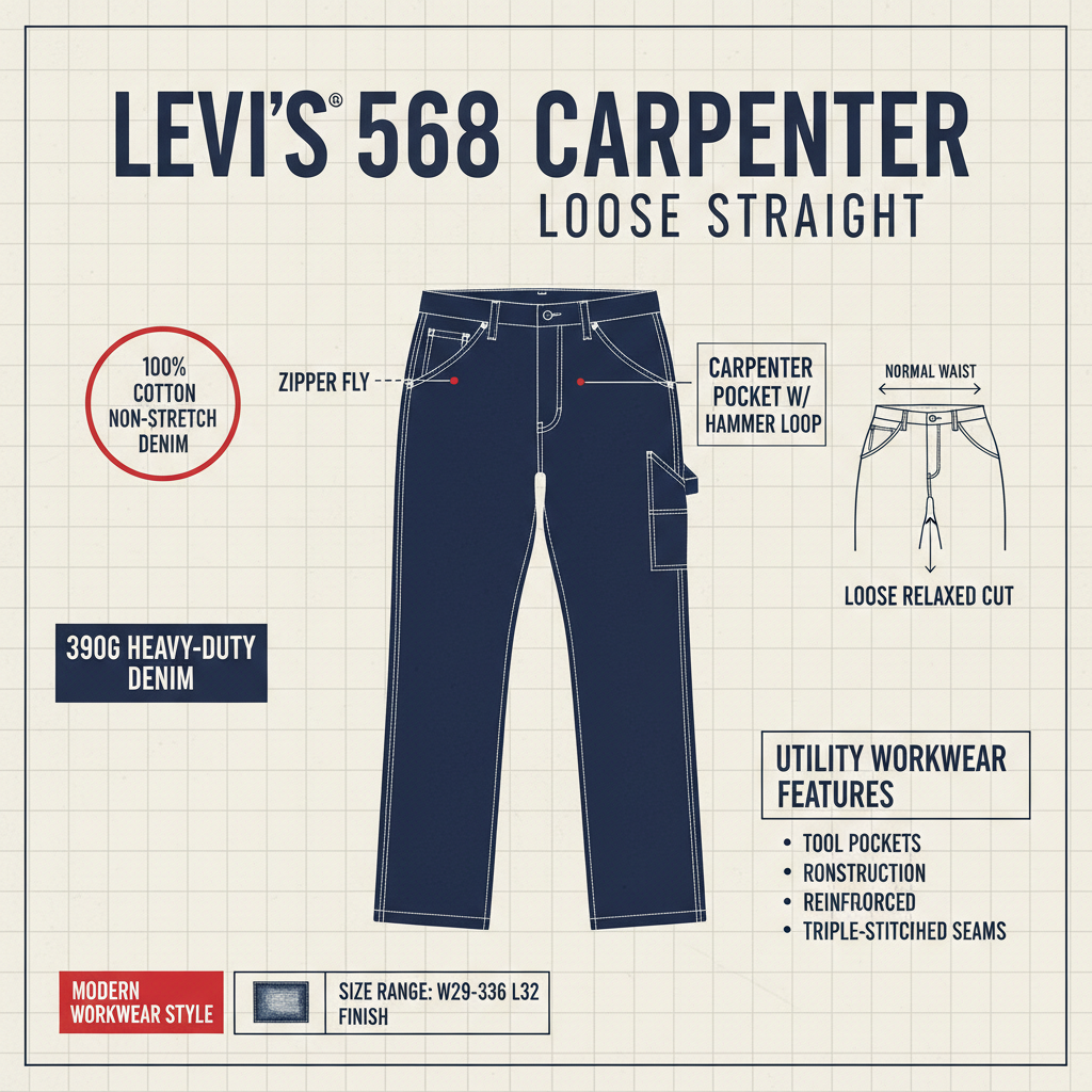 Infografica tecnica Levi's 568 Carpenter jeans - dettagli utility tasche 390g denim workwear
