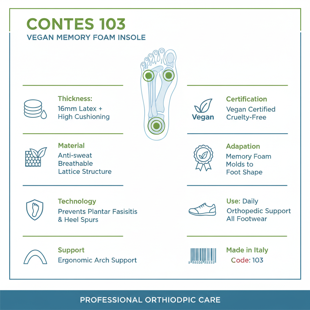 Contes 103 soletta ortopedica vegan specifiche tecniche: 16mm memory foam, lattice antisudore, previene tallonite sperone calcaneare, certificata cruelty-free Made in Italy