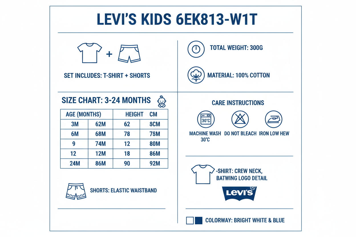 Infografica tecnica completo bambino Levi's Kids 6EK813-W1T: set t-shirt + shorts cotone 100%, peso 300g, guida taglie 3-24 mesi 62-92cm, elastico vita regolabile, logo Batwing, istruzioni lavaggio 30°C bianco blu