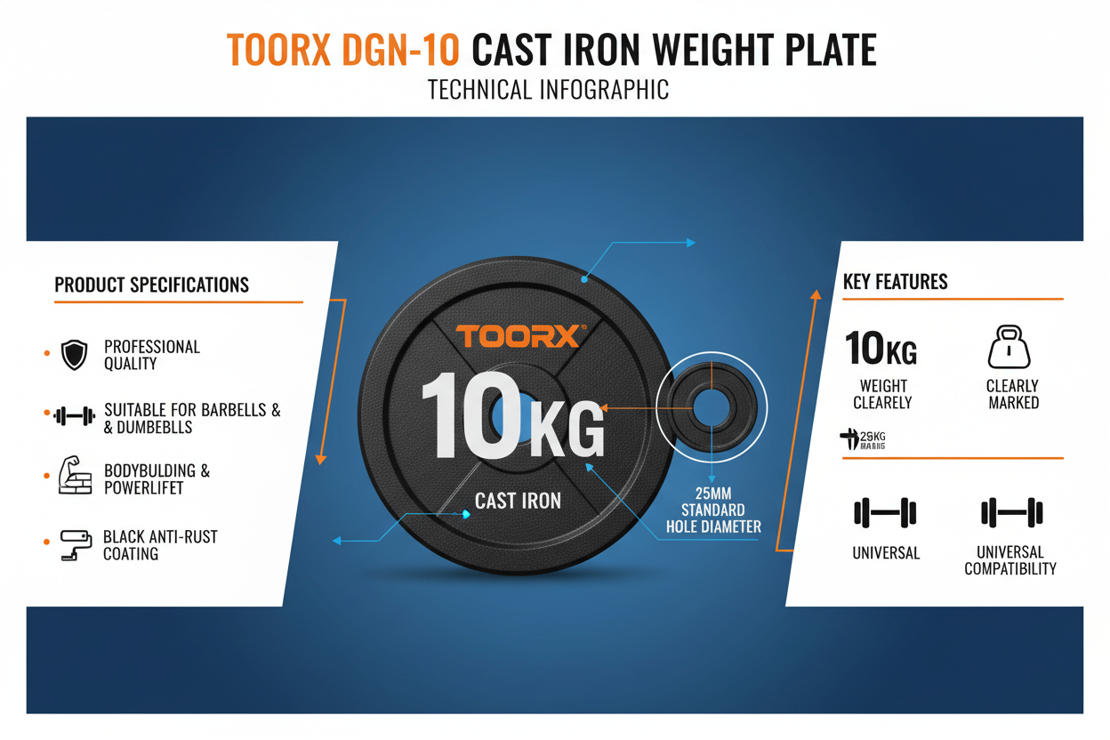 Infografica tecnica Toorx DGN-10 disco ghisa 10kg: foro 25mm, rivestimento nero anti-ruggine, bodybuilding, powerlifting