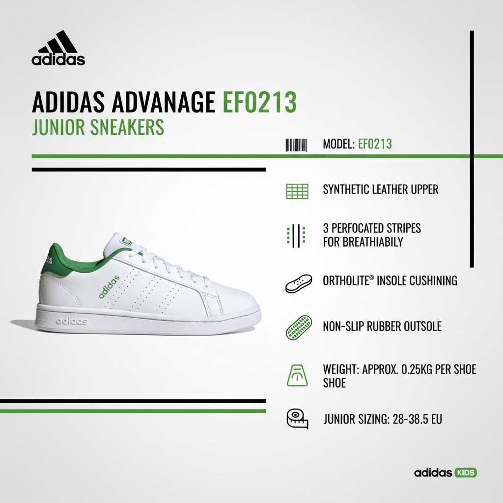 Infografica tecnica Adidas Advantage EF0213 specifiche similpelle OrthoLite 3 strisce junior