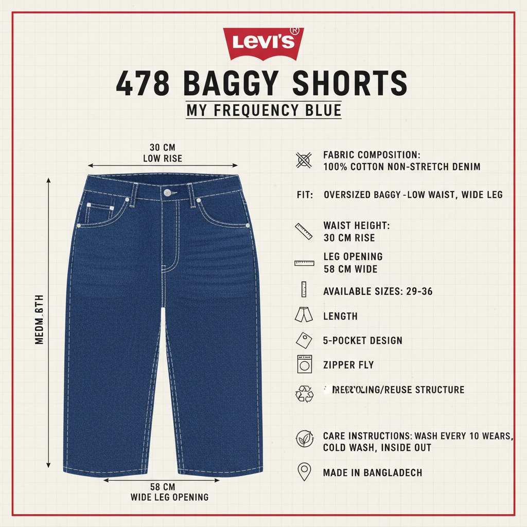 Infografica tecnica Levi's 478 Baggy Shorts My Frequency blu - denim 100% cotone, fit oversize baggy, vita bassa 30cm, gamba 58cm, taglie disponibili