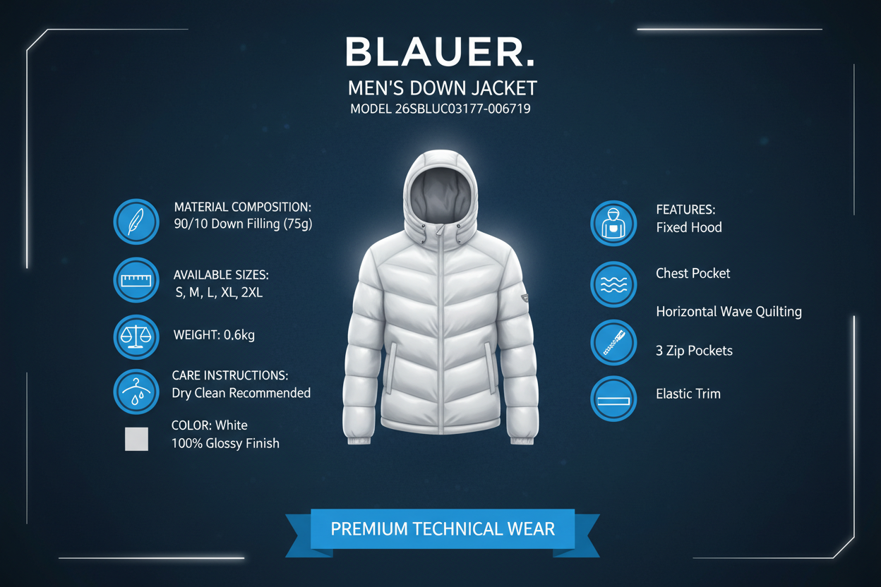 Infografica tecnica Piumino Blauer 26SBLUC03177-006719 uomo bianco lucido: piuma 90/10 75g, taglie S-2XL, peso 0.6kg, cappuccio fisso, tasca petto, finitura glossy