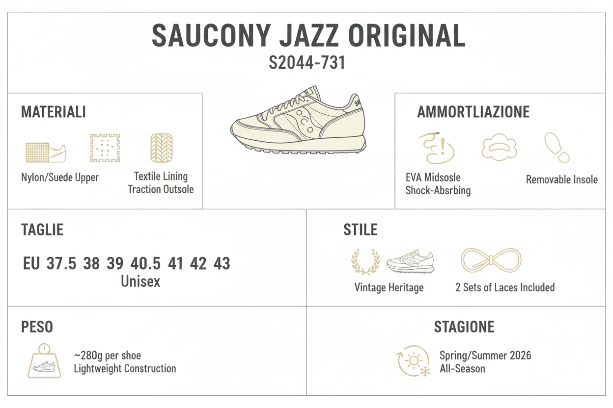 Infografica tecnica Saucony Jazz Original sneakers unisex - materiali ammortizzazione taglie stile