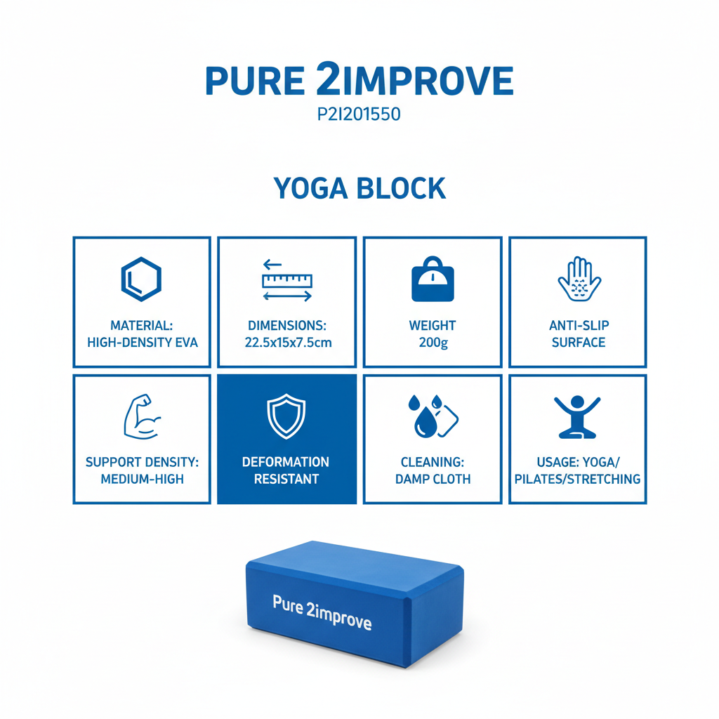 Infografica tecnica Pure 2Improve Yoga Brick P2I201550 - Caratteristiche materiale EVA dimensioni peso superficie densità