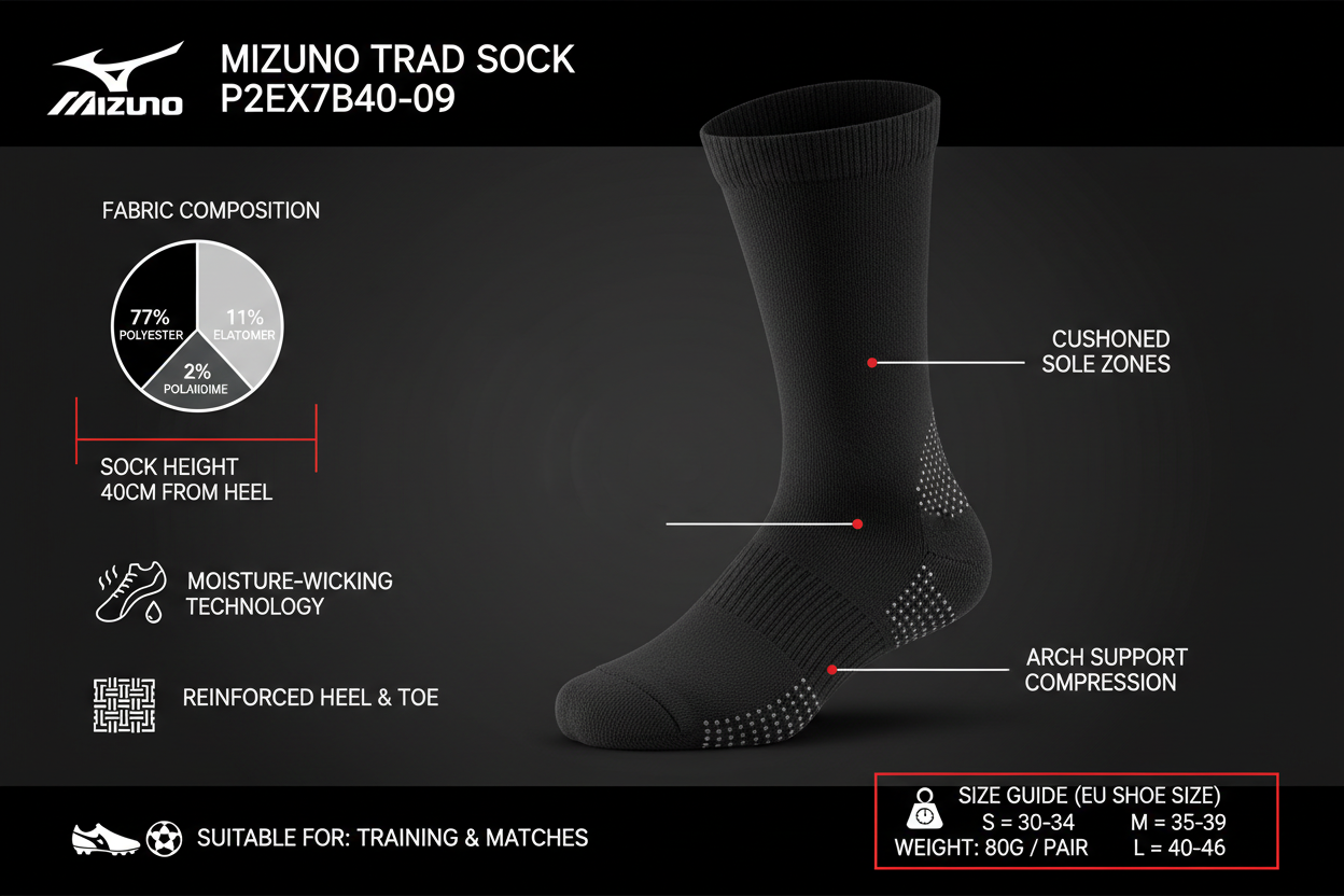 Infografica tecnica Mizuno Trad Sock P2EX7B40-09 calza calcio nera: polyester 77%, supporto arco, 40cm altezza, taglie S-M-L