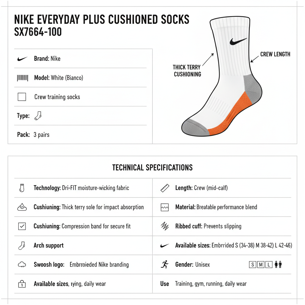 Infografica tecnica Nike Everyday Cushioned SX7664-100 calze Dri-FIT suola spugna fascia arco