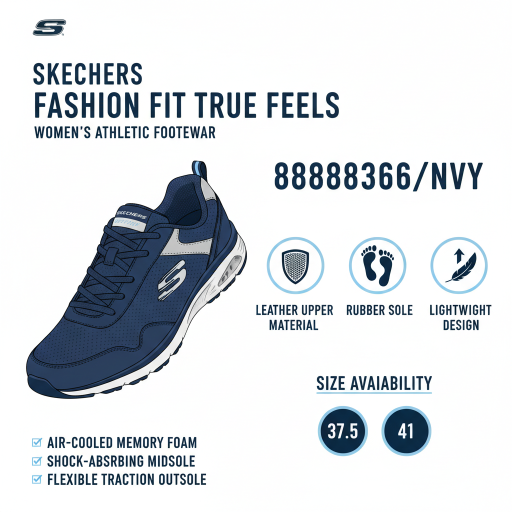 Infografica tecnica Skechers Fashion Fit True Feels 88888366/NVY sneakers donna blu navy - specifiche materiali tomaia pelle suola gomma Memory Foam