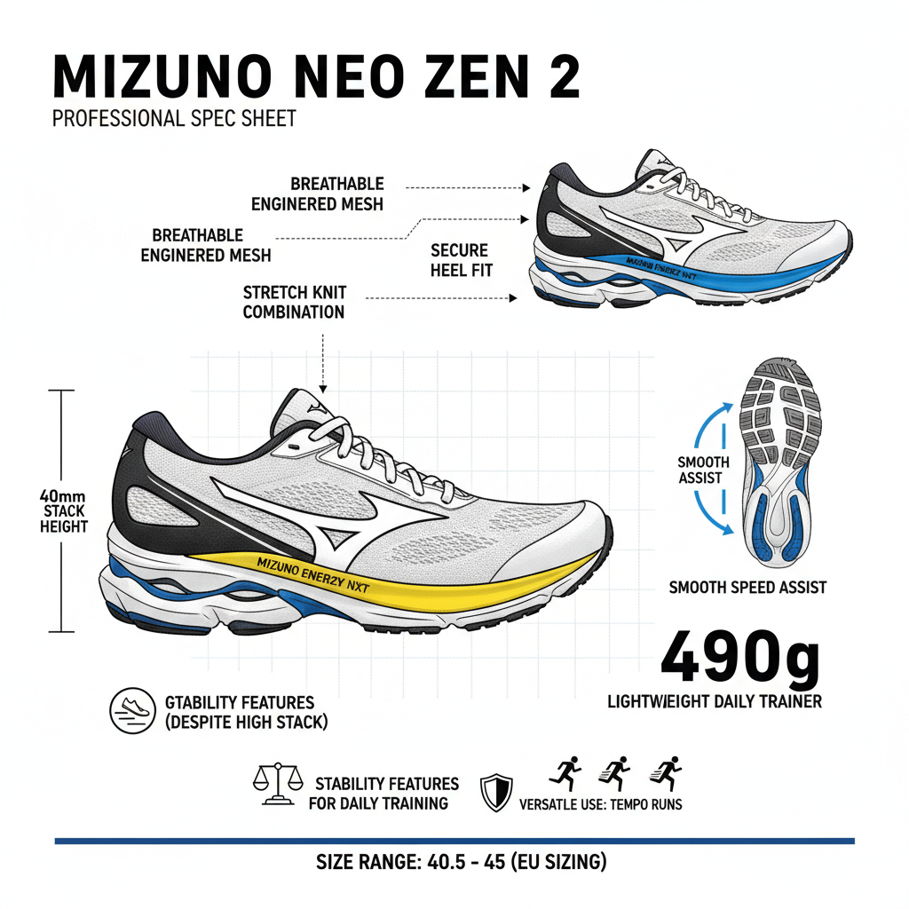 Infografica tecnica Mizuno Neo Zen 2 - stack 40mm ENERZY NXT Smooth Speed Assist specifiche