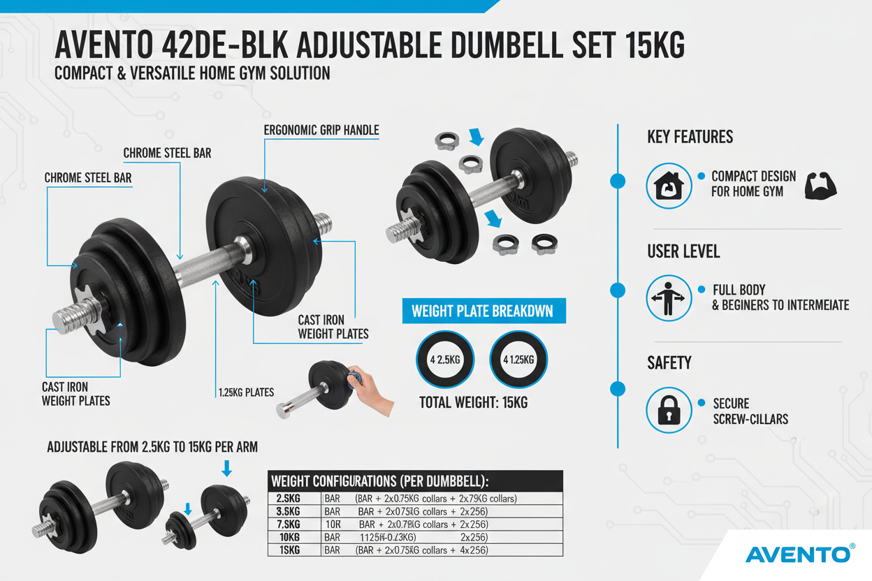 Infografica tecnica Avento 42DE-BLK manubrio regolabile 15kg: acciaio cromato, dischi ghisa, 2.5-15kg, home gym