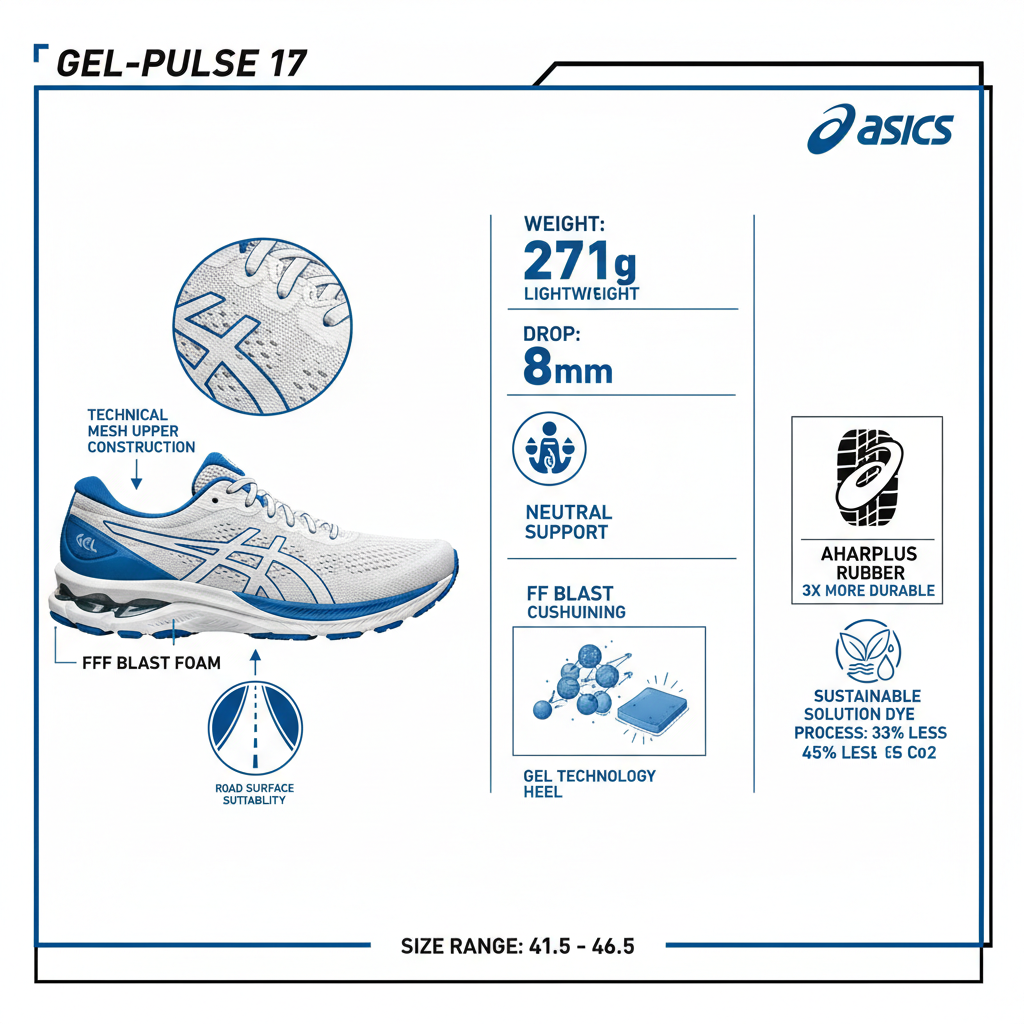 Infografica tecnica Asics GEL-PULSE 17 - FF BLAST GEL 271g AHARPLUS durabilità