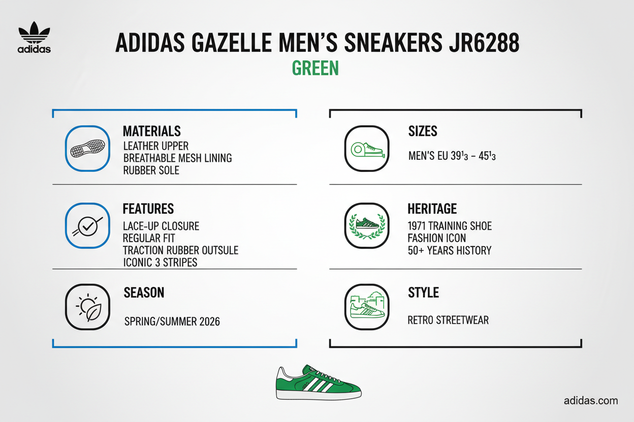 Infografica tecnica Adidas Gazelle JR6288 uomo verde: materiali pelle liscia verde fodera mesh traspirante suola gomma, taglie 39⅓-45⅓, chiusura lacci, heritage 1971, peso 300g, trazione ottimale