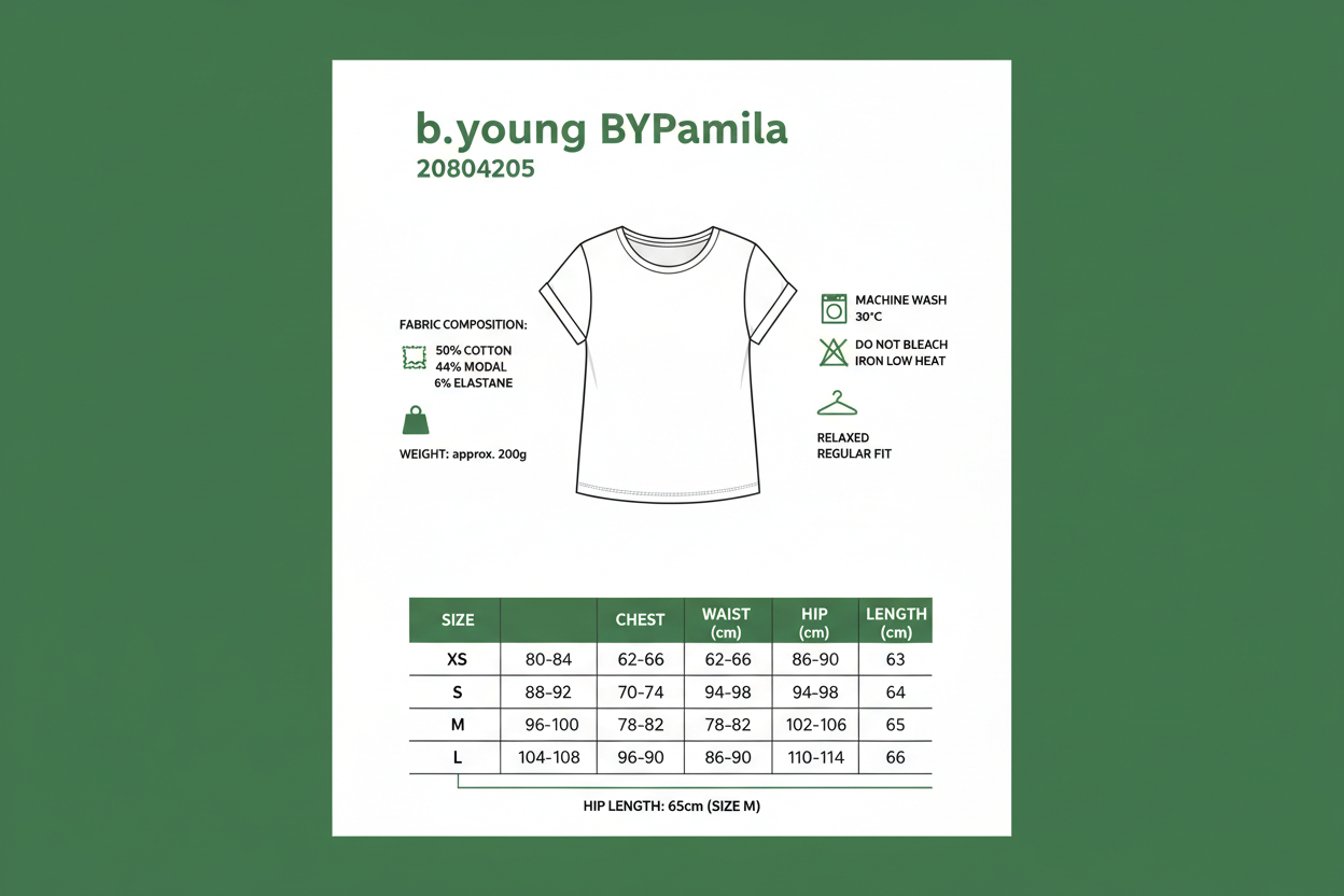 Infografica tecnica t-shirt donna b.young BYPamila 20804205 186022: composizione 50% cotone 44% modal 6% elastan, peso 200g, guida taglie XS-L, istruzioni lavaggio 30°C, vestibilità relaxed fit lunghezza anca, maniche corte arrotolate