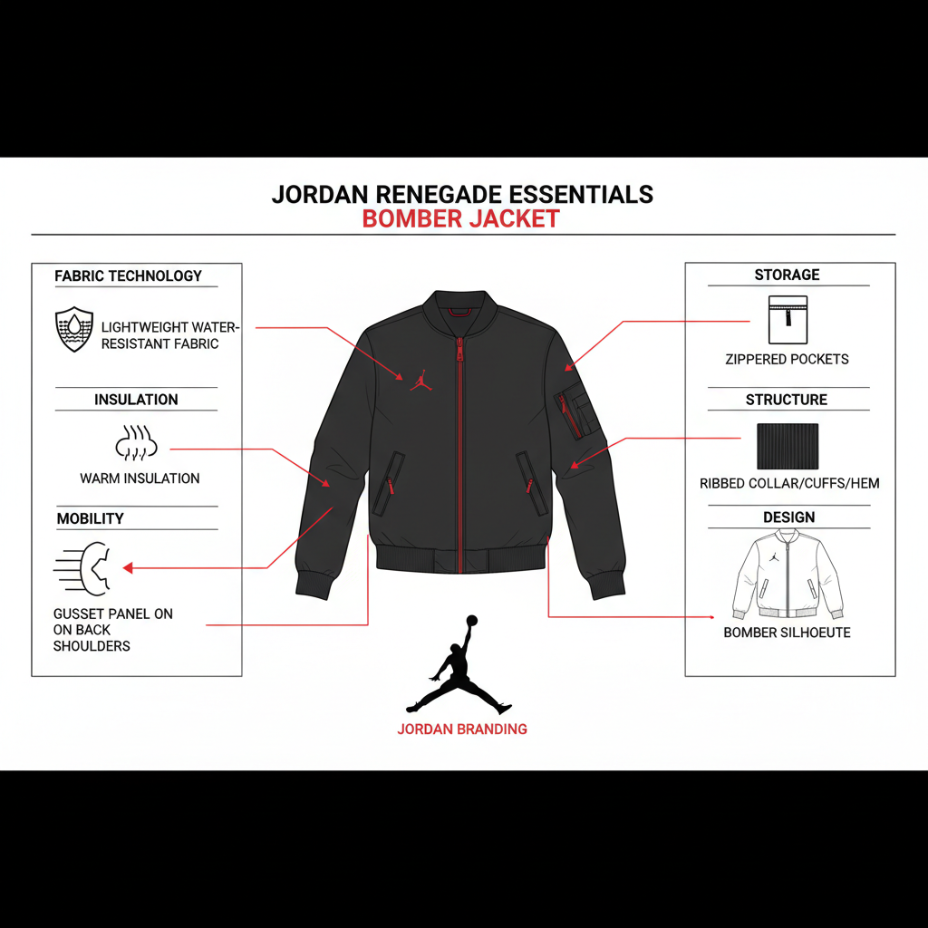 Infografica tecnica Jordan Bomber Renegade: water-resistant, isolante, tassello gusset spalle, tasche zip, coste, 450g