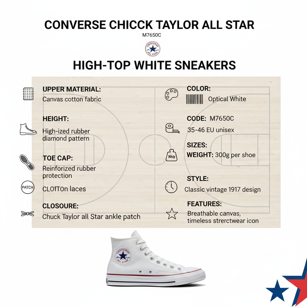 Converse Chuck Taylor All Star M7650C specifiche tecniche: tela canvas bianca, high-top caviglia, suola vulcanizzata gomma, puntale rinforzato, patch Chuck Taylor, design classico 1917